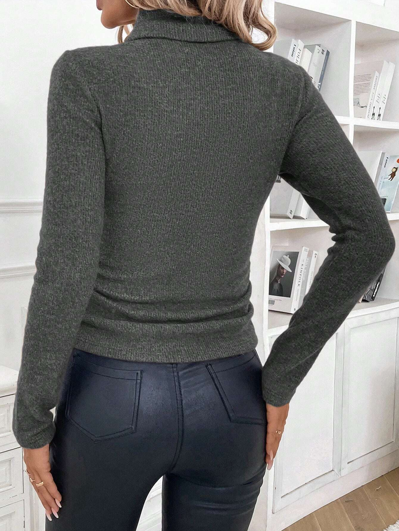 Women's Winter Plain Casual Long Sleeve Mock Neck Cotton Sweater