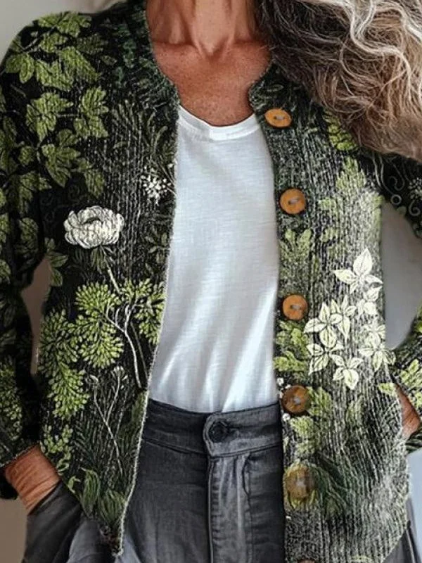 Women's Vintage Spring/Fall Ethnic Knitted Floral Cardigan