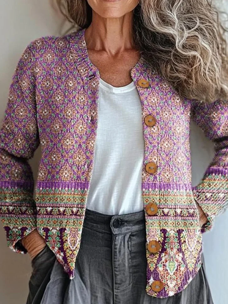 Women Striped Vintage Spring/Fall Knitted Cardigan