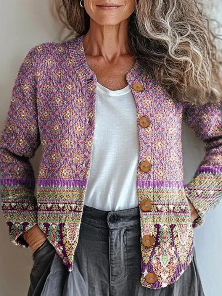 Women Striped Vintage Spring/Fall Knitted Cardigan