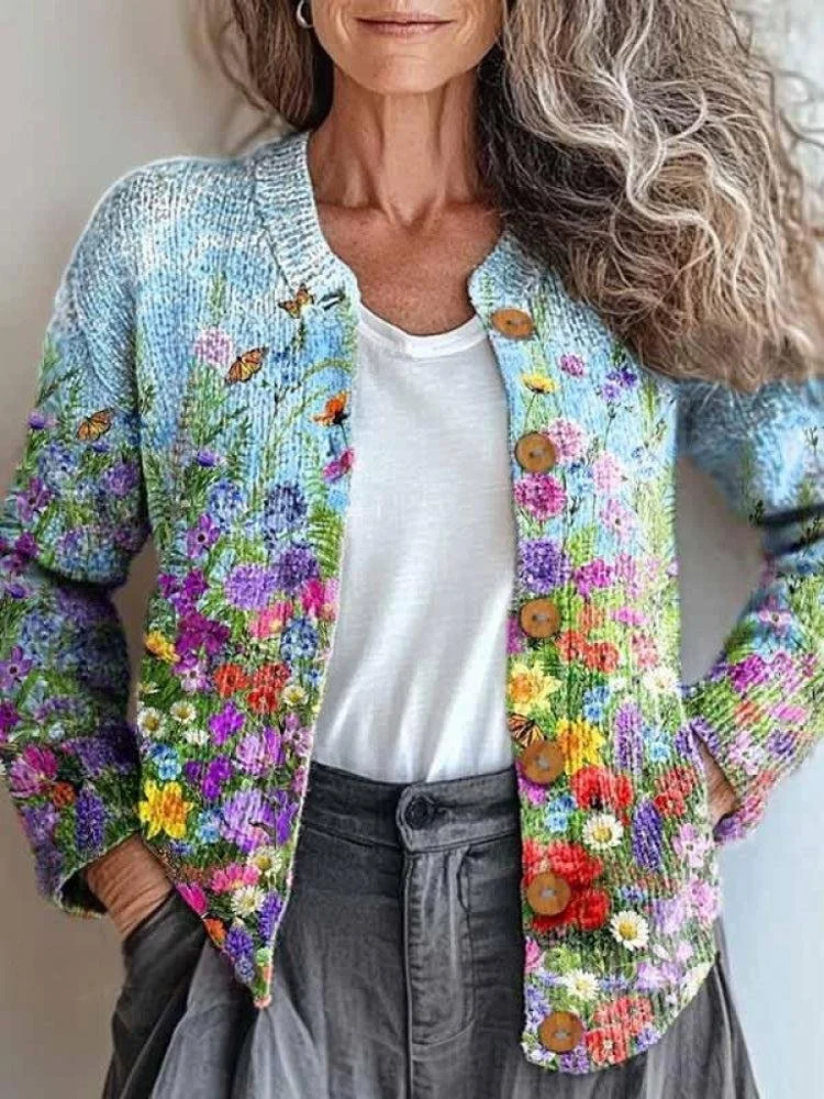 Women Paisley Vintage Spring/Fall Knitted Cardigan