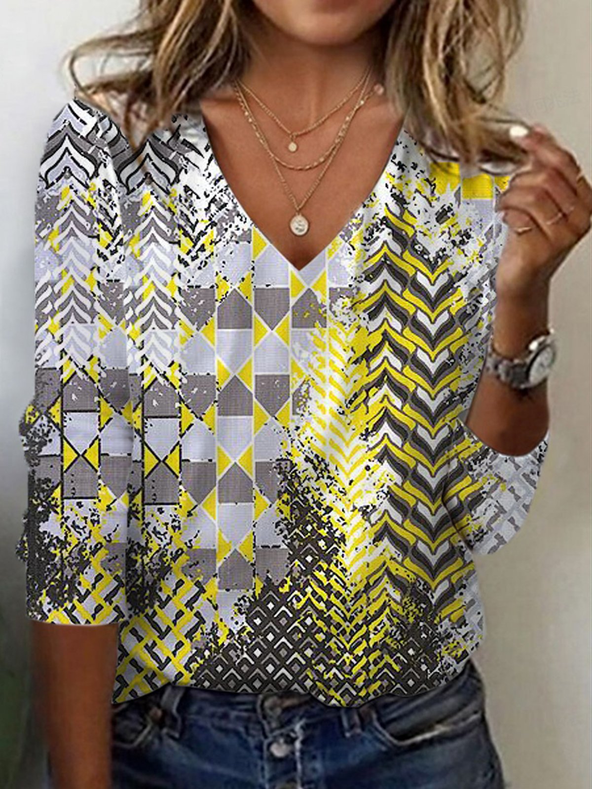 Women's Long Sleeve Tee T-shirt Spring/Fall Geometric Jersey V Neck Daily Going Out Casual Top