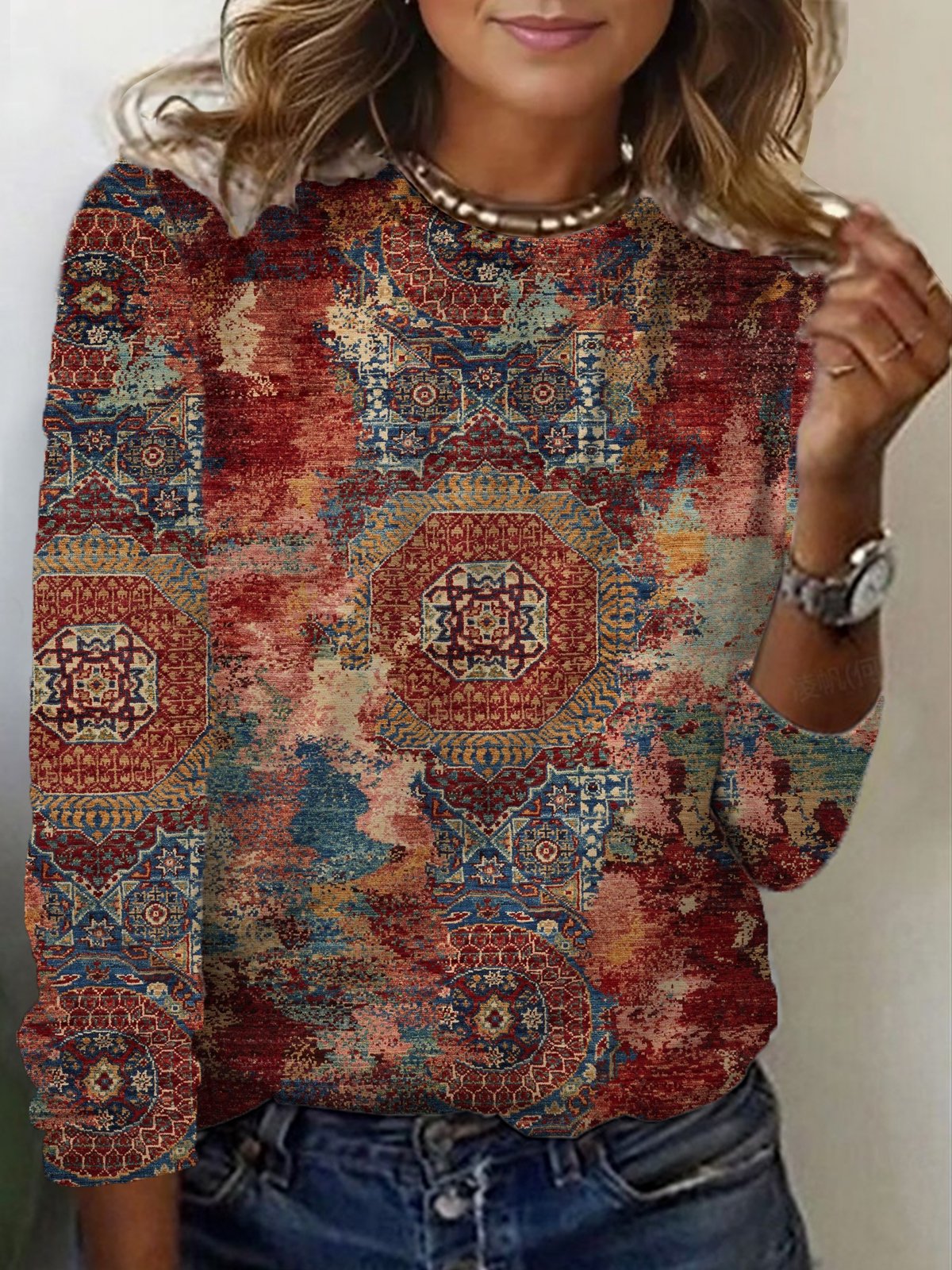 Women's Long Sleeve Tee T-shirt Spring/Fall Ethnic Jersey Crew Neck Daily Going Out Casual Top