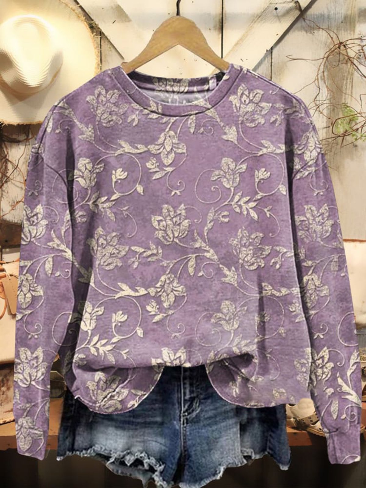 Women Floral Crew Neck Casual Spring/Fall Long Sleeve Sweatshirt