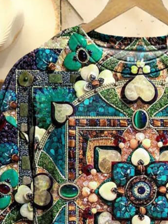 Women's Crew Neck Ethnic Casual Spring/Fall Long Sleeve Sweatshirt