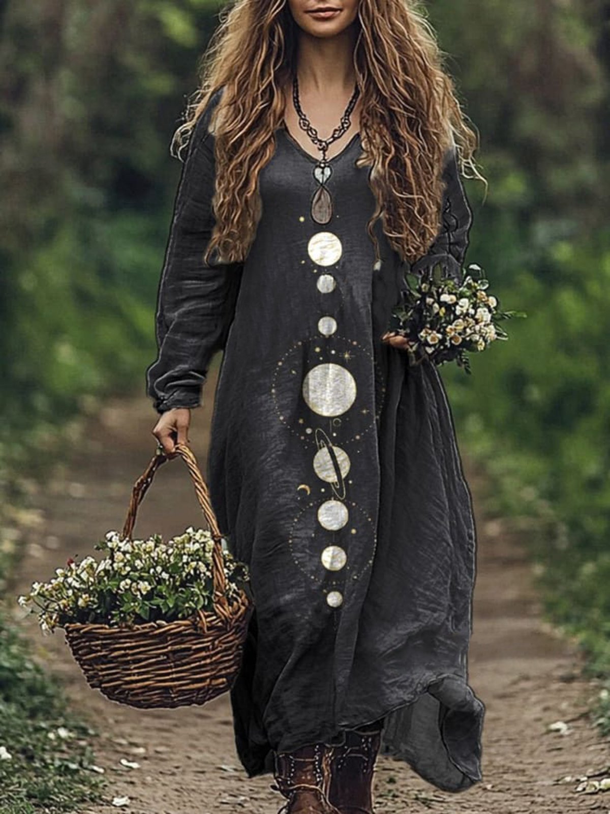 Women's Long Sleeve Spring/Fall Starry Sky Jersey Dress V Neck Daily Going Out Casual Maxi A-Line T-Shirt Dress