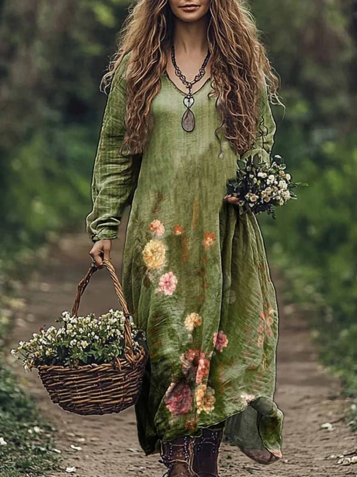 Women's Long Sleeve Spring/Fall Floral Jersey Dress V Neck Daily Going Out Casual Maxi A-Line T-Shirt Dress