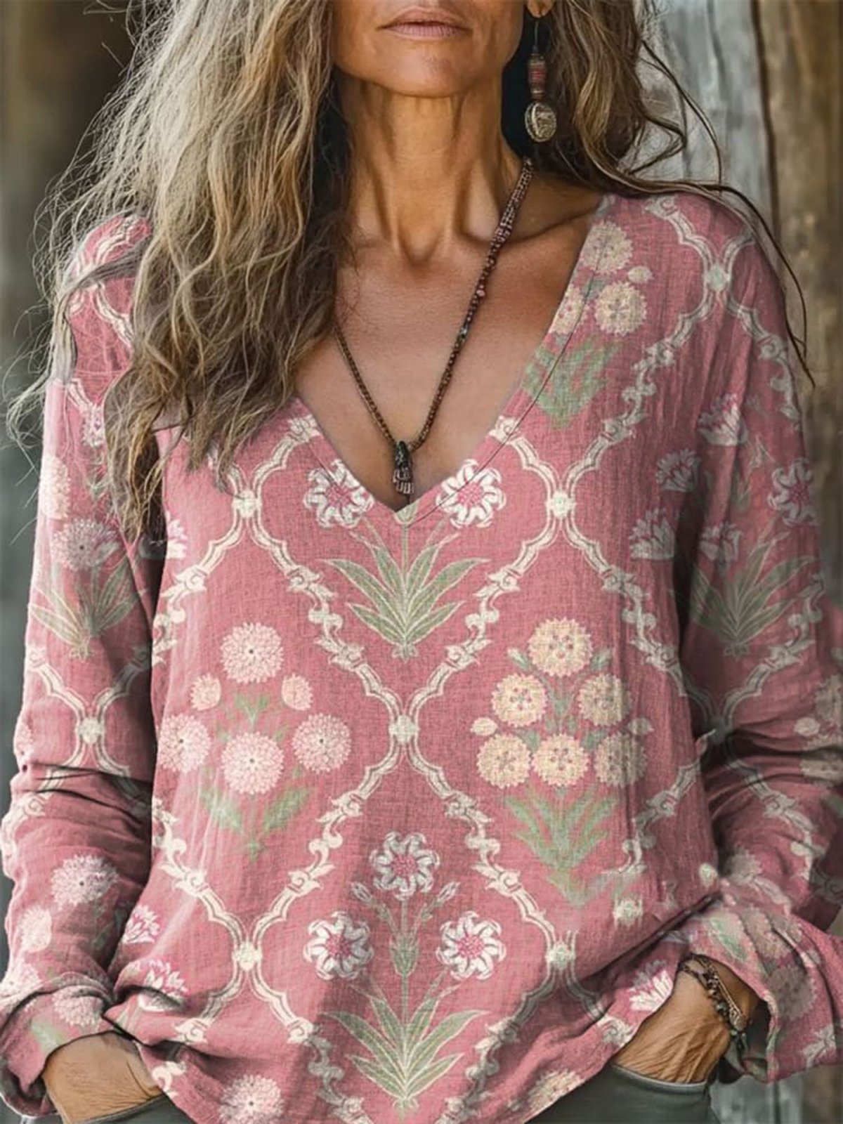 Women's Plants Floral Long Sleeve Tee T-shirt V Neck Casual Spring/Fall Top