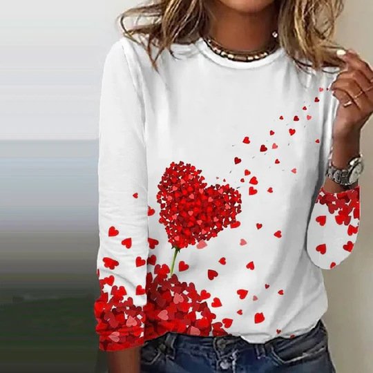 Women's Valentine's Day Love Heart Print Long Sleeve Crew Neck T-shirt