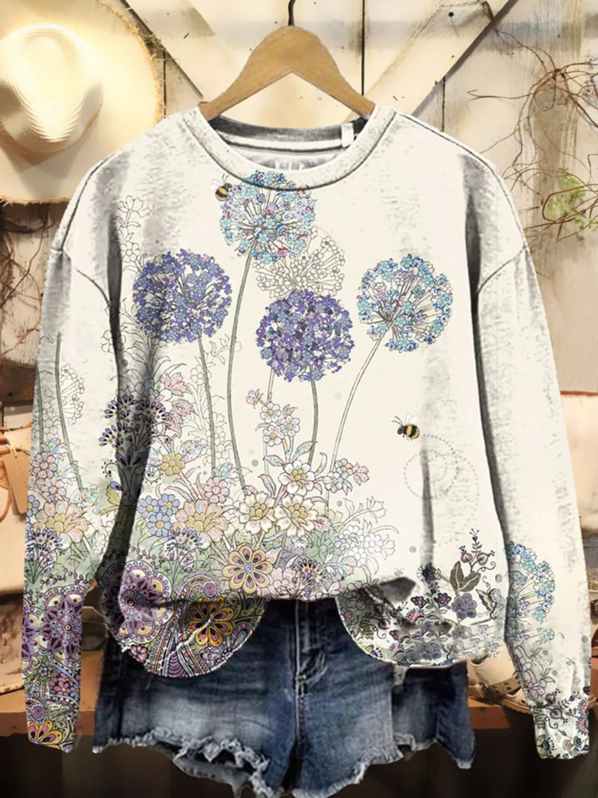 Women's Crew Neck Dandelion Casual Spring/Fall Long Sleeve Floral Sweatshirt
