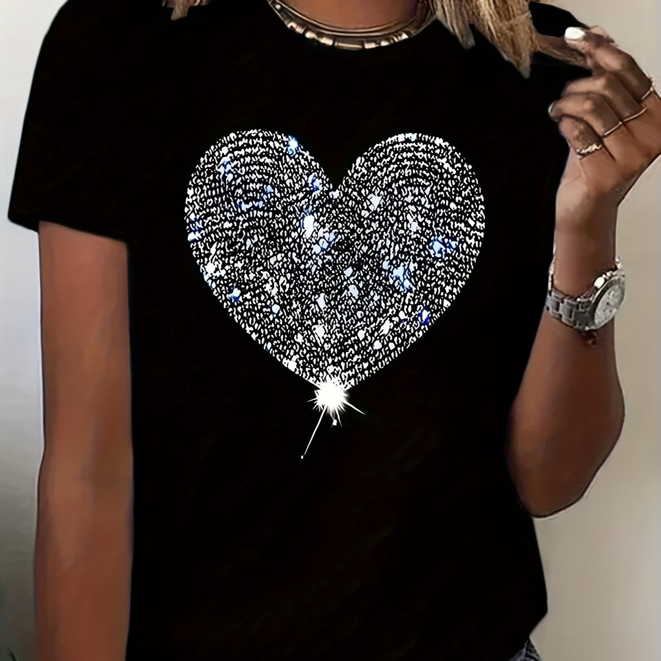 Women's Valentine's Day Heart Rhinestone Short Sleeve T-shirt