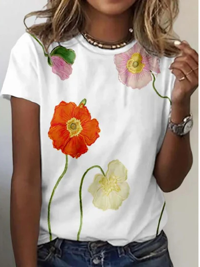 Women's Short Sleeve Tee T-shirt Summer Floral Crew Neck Casual Top