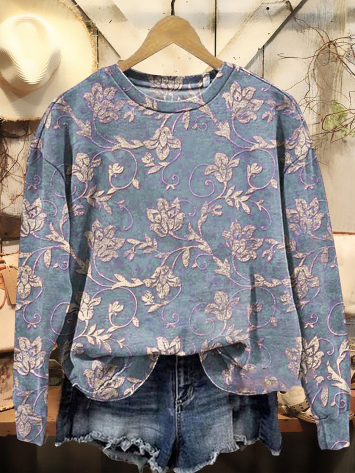 Women Floral Crew Neck Casual Spring/Fall Long Sleeve Sweatshirt