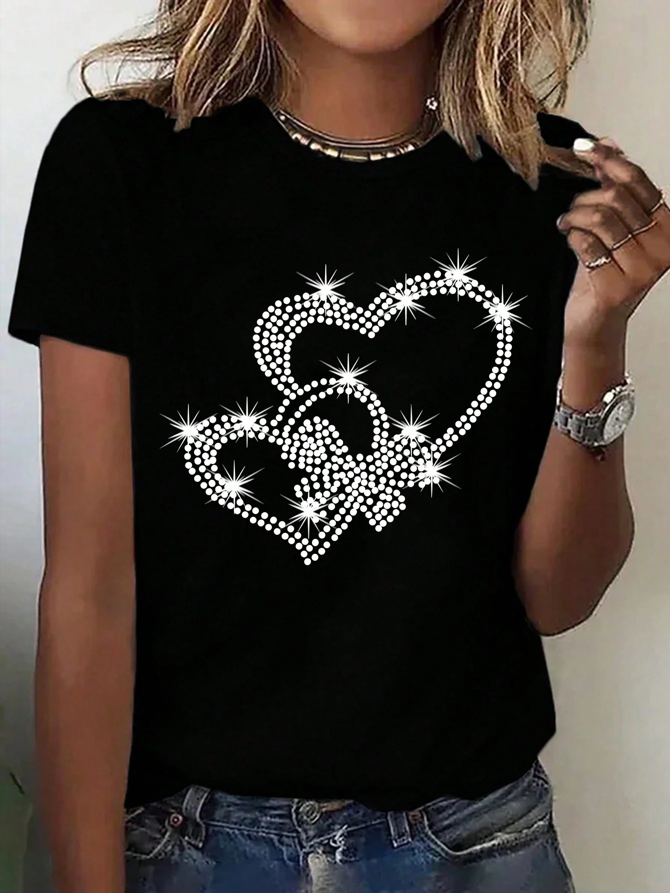 Women's Valentine's Day Heart Rhinestone Short Sleeve T-shirt