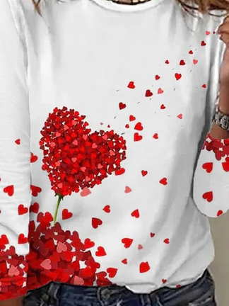 Women's Valentine's Day Love Heart Print Long Sleeve Crew Neck T-shirt