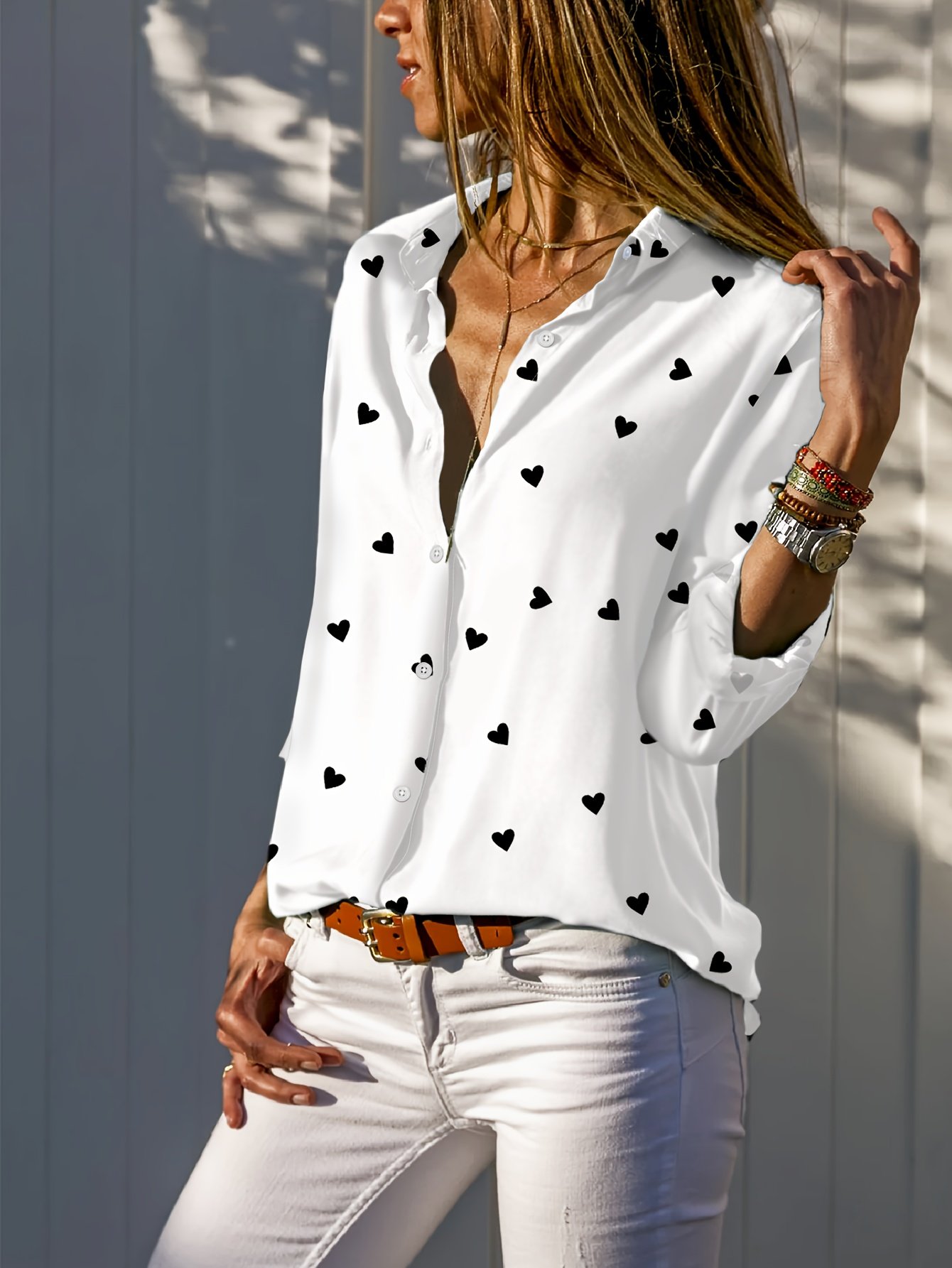 Women's Long Sleeve Shirt Spring/Fall Heart/Cordate Shirt Collar Holiday Going Out Vintage Top