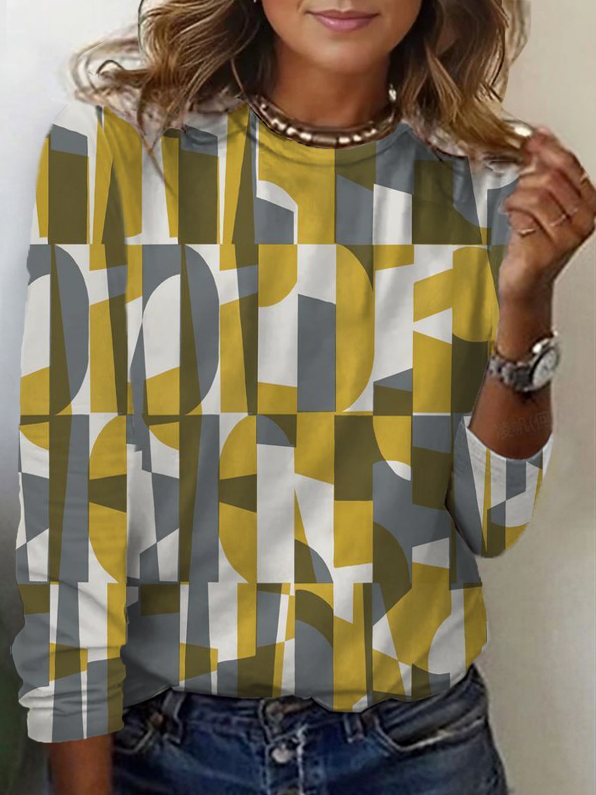 Women's Long Sleeve Tee T-shirt Spring/Fall Geometric Jersey Crew Neck Daily Going Out Casual Top