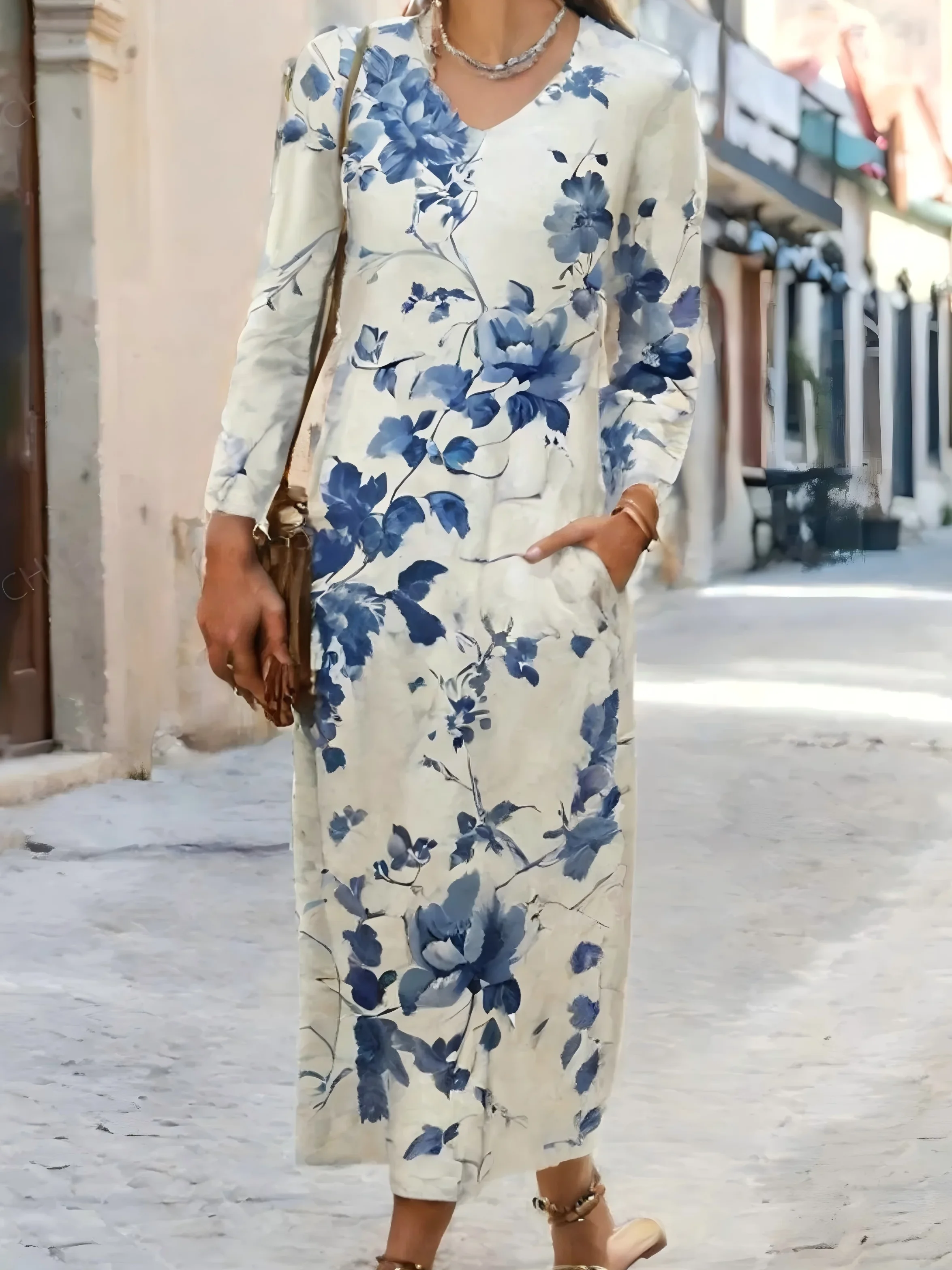 Women's Long Sleeve Spring/Fall 3D Printing Dress Crew Neck Holiday Going Out Vintage Maxi T-Shirt Dress H-Line Dress