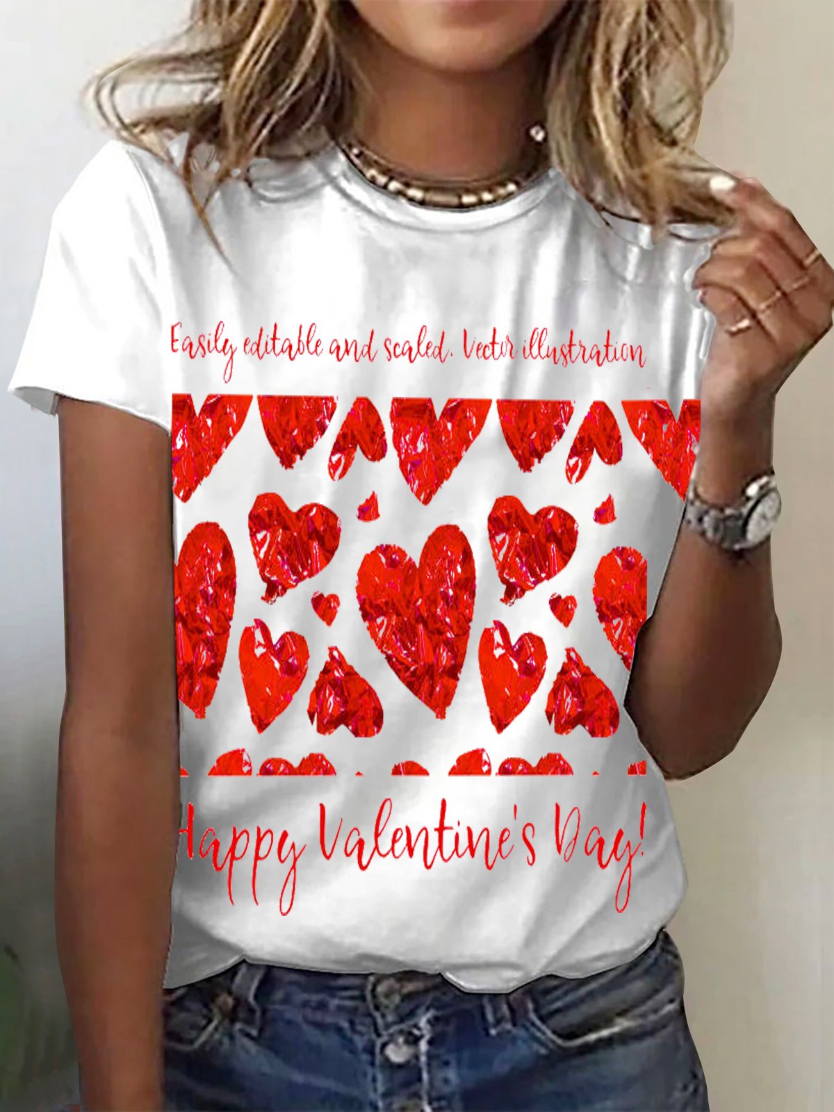 Women's Valentine's Day Heart Print Short Sleeve Crew Neck T-shirt 