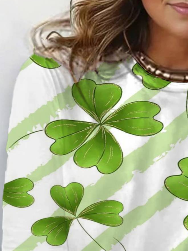 Women's St Patricks Day Four-leaf Clover Print Long Sleeve Floral T-shirt