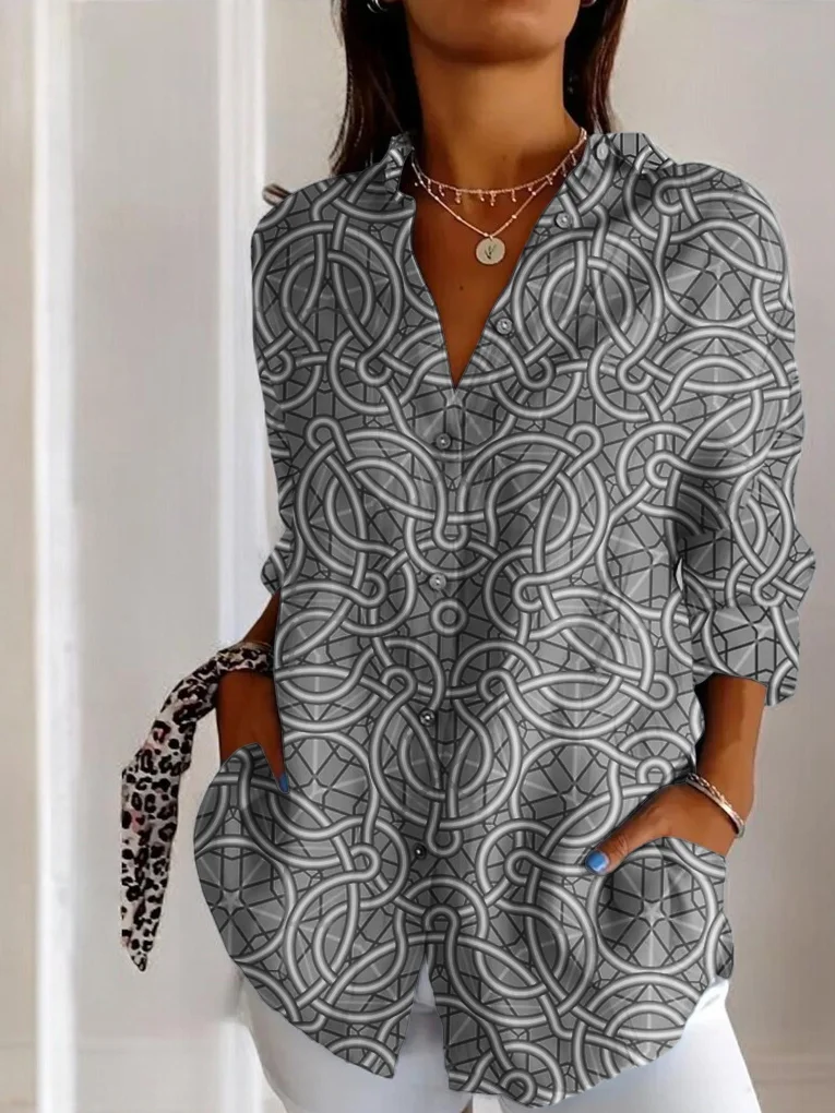 Women's Long Sleeve Shirt Spring/Fall Geometric Cotton Shirt Collar Daily Going Out Casual Top