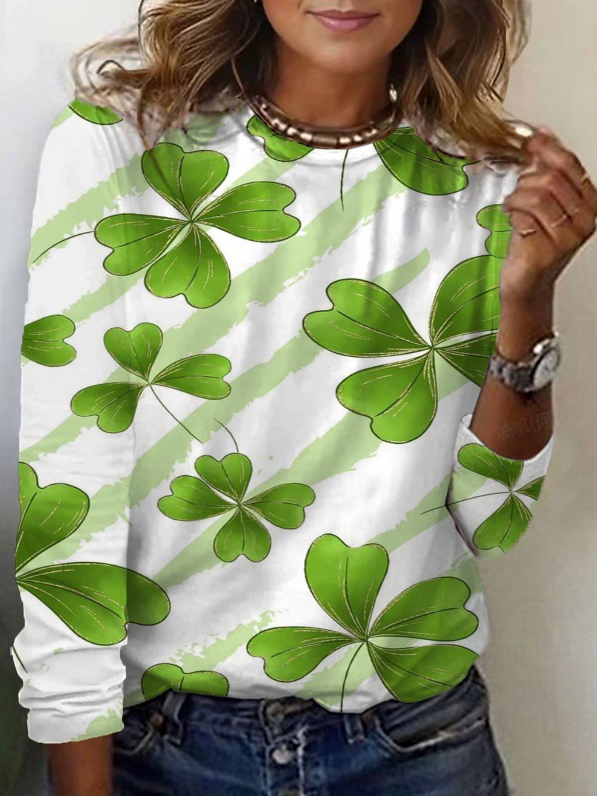 Women's St Patricks Day Four-leaf Clover Print Long Sleeve Floral T-shirt