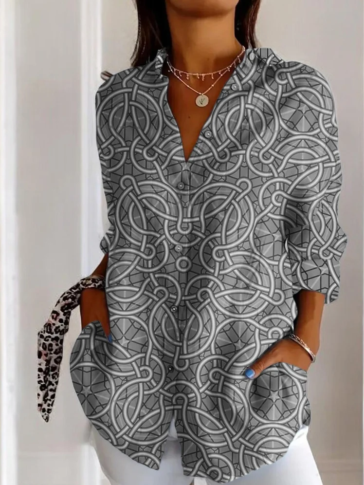 Women's Long Sleeve Shirt Spring/Fall Geometric Cotton Shirt Collar Daily Going Out Casual Top