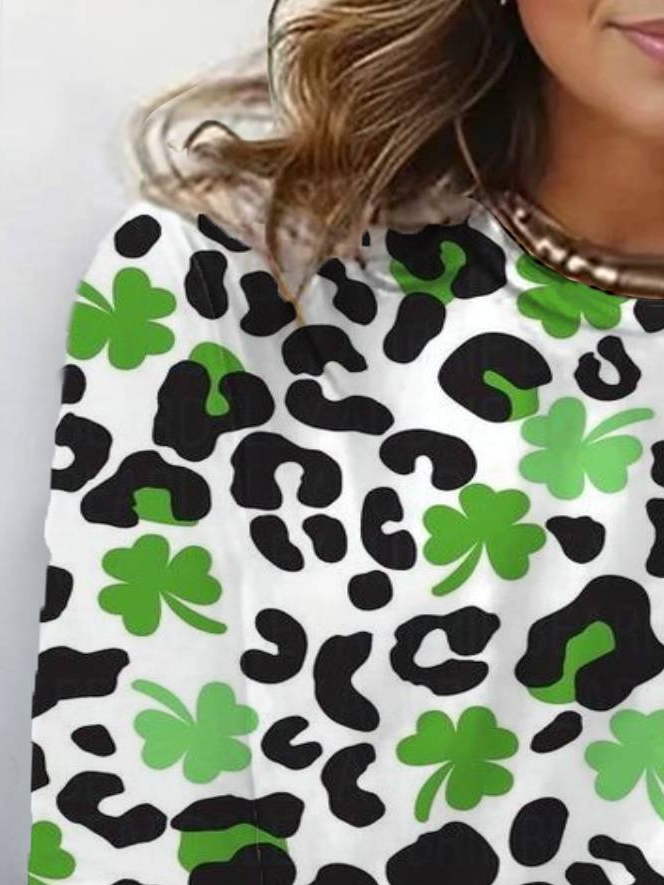 Women's St Patricks Day Four-leaf Clover Print Long Sleeve Floral T-shirt