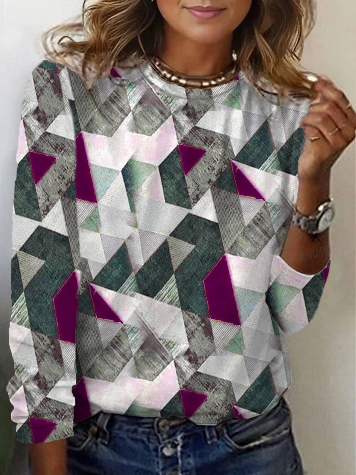 Women's Long Sleeve Tee T-shirt Spring/Fall Geometric Jersey Crew Neck Daily Going Out Casual Top