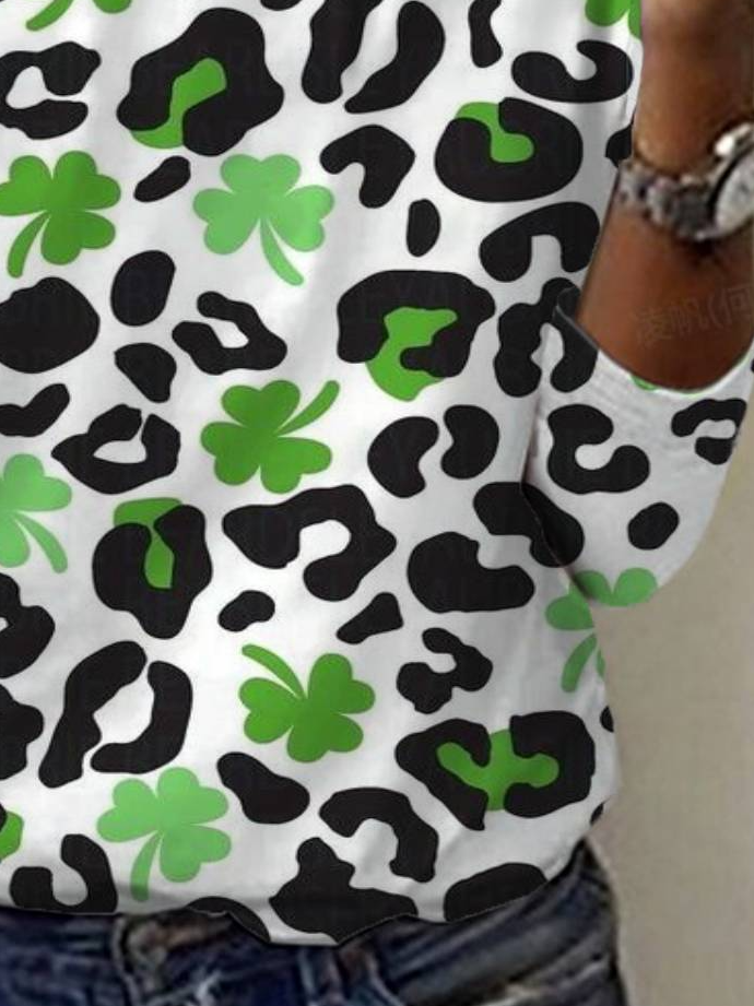 Women's St Patricks Day Four-leaf Clover Print Long Sleeve Floral T-shirt