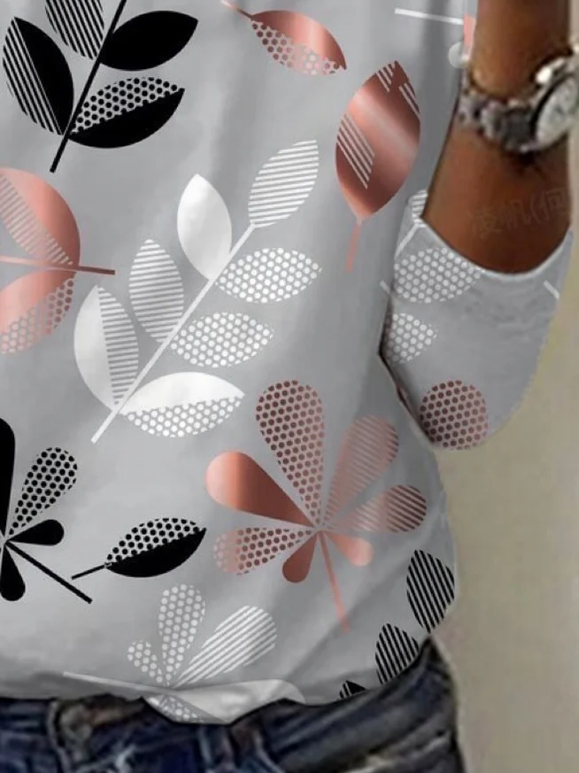 Women's Long Sleeve Floral Tee T-shirt Spring/Fall Leaf Jersey Crew Neck Daily Going Out Casual Top