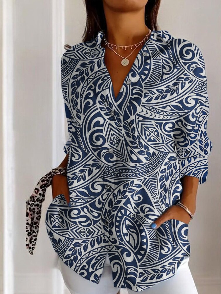 Women's Geometric Long Sleeve Shirt Spring/Fall Shirt Collar Daily Casual Top