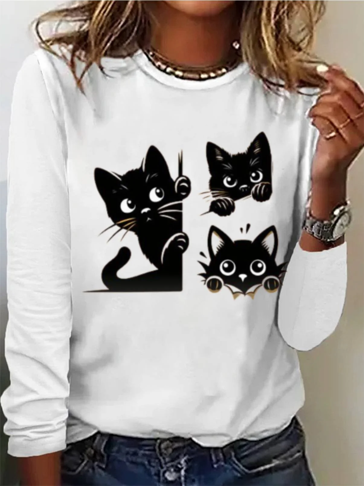 Women's Long Sleeve Tee T-shirt Spring/Fall Cat Jersey Crew Neck Daily Going Out Casual Top