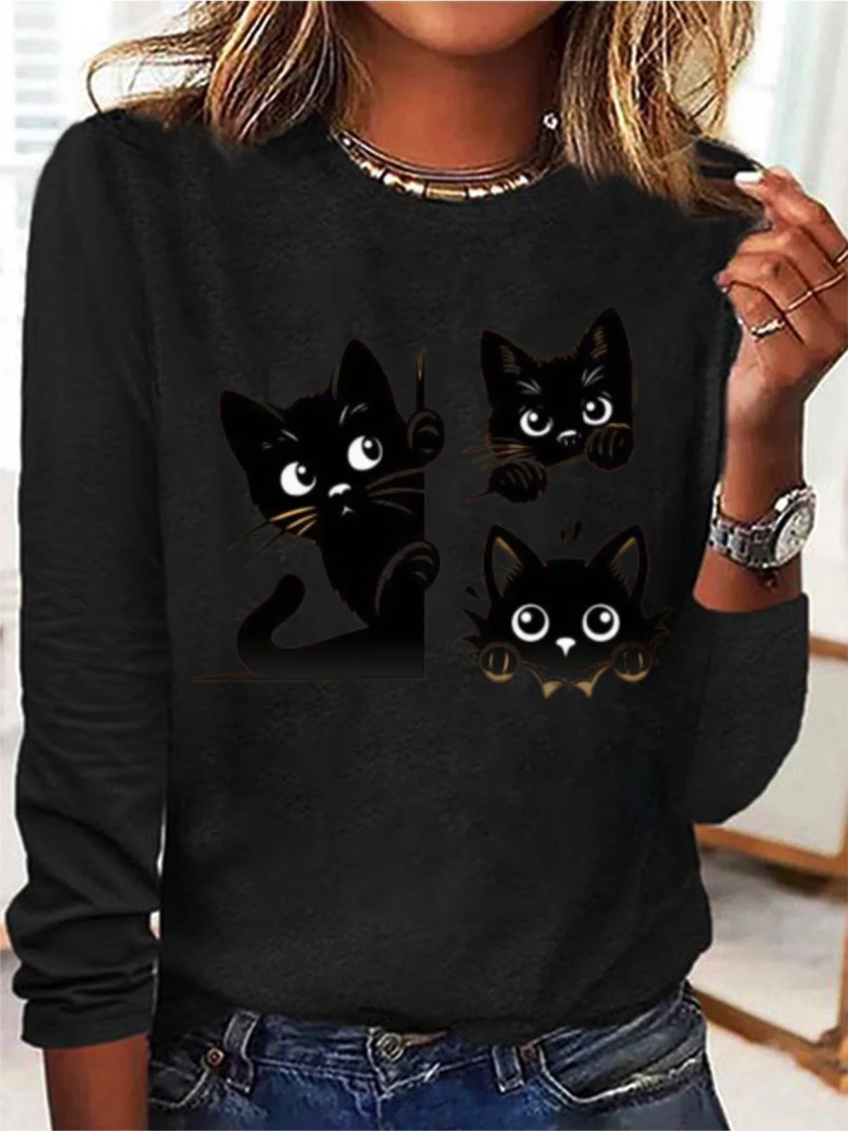 Women's Long Sleeve Tee T-shirt Spring/Fall Cat Jersey Crew Neck Daily Going Out Casual Top