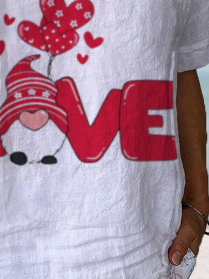 Women's Valentine's Day Gnome Love Print Short Sleeve V Neck T-Shirt