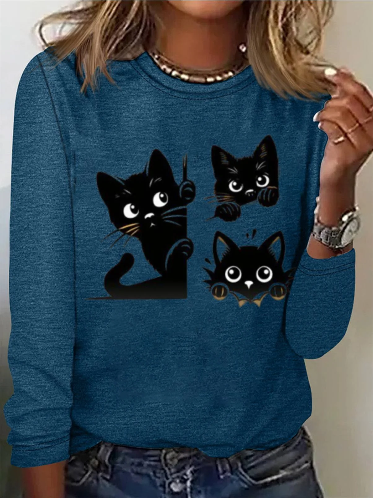 Women's Long Sleeve Tee T-shirt Spring/Fall Cat Jersey Crew Neck Daily Going Out Casual Top