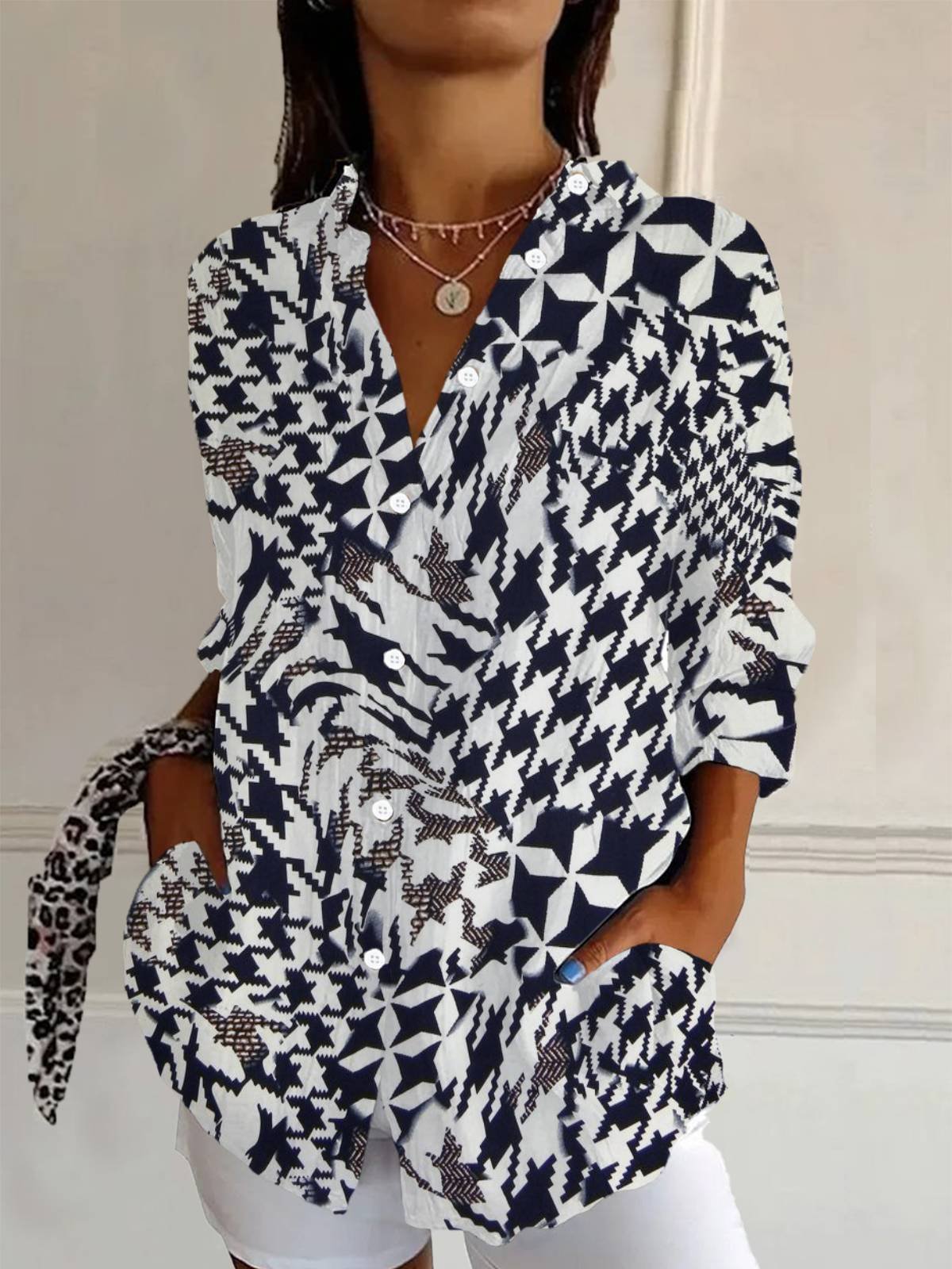 Women's Long Sleeve Shirt Spring/Fall Geometric Shirt Collar Holiday Going Out Casual Top
