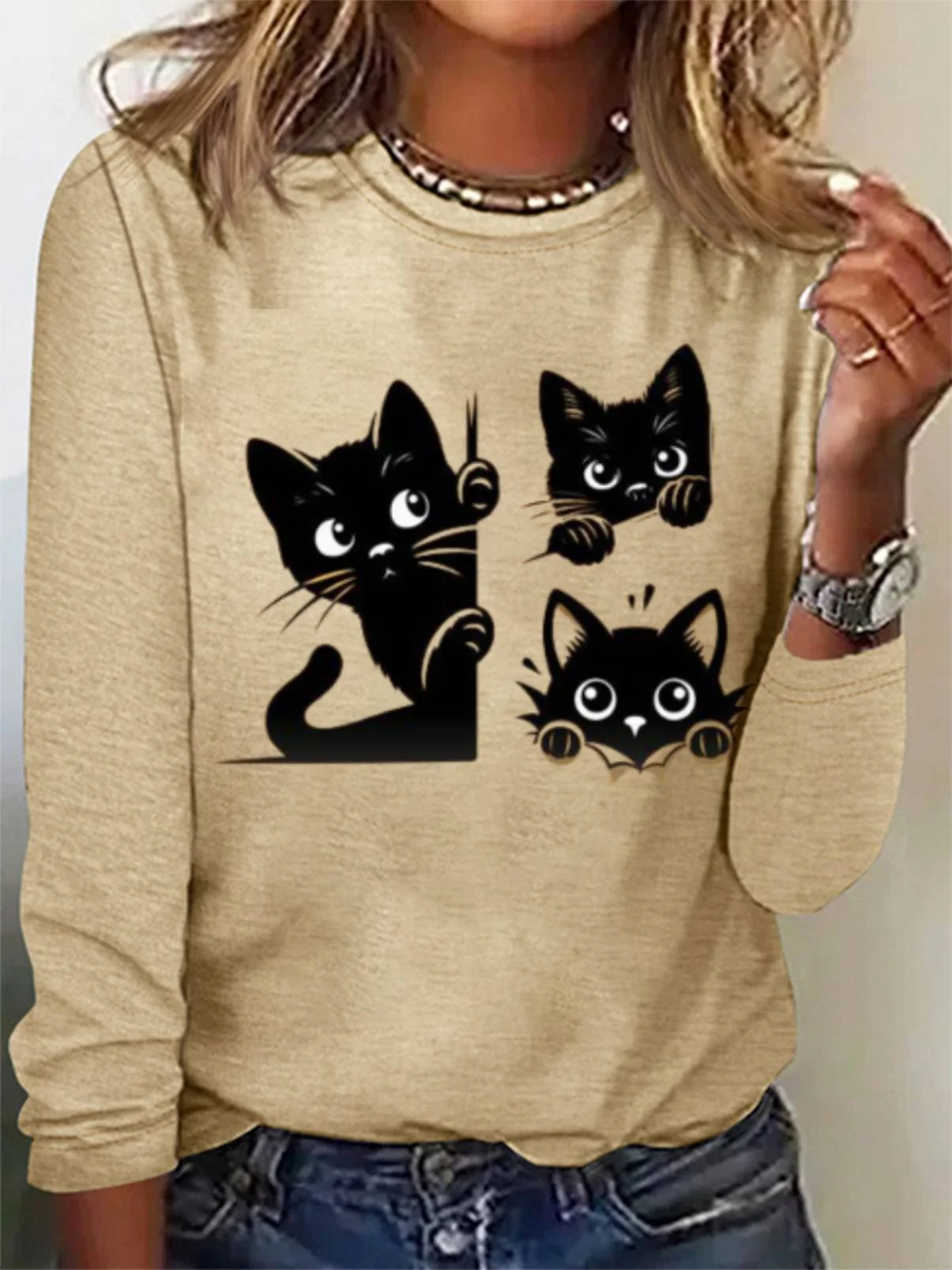 Women's Long Sleeve Tee T-shirt Spring/Fall Cat Jersey Crew Neck Daily Going Out Casual Top