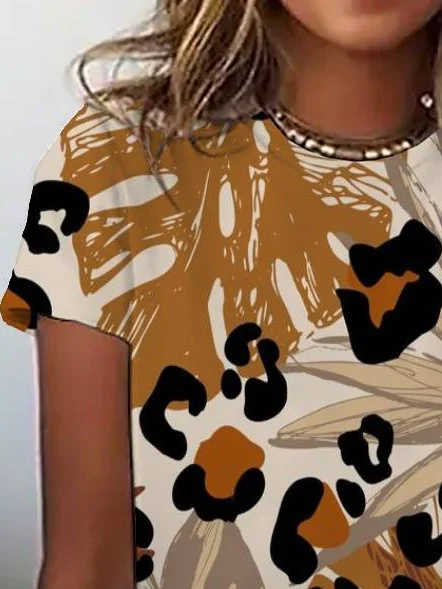 Women's Short Sleeve Leopard Tee T-shirt Summer Leaf Floral Jersey Crew Neck Daily Going Out Casual Top