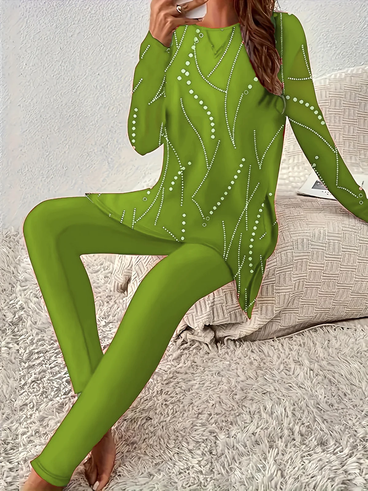 Women's Jersey Geometric Daily Going Out Two Piece Set Long Sleeve Casual Spring/Fall Top With Pants Matching Set