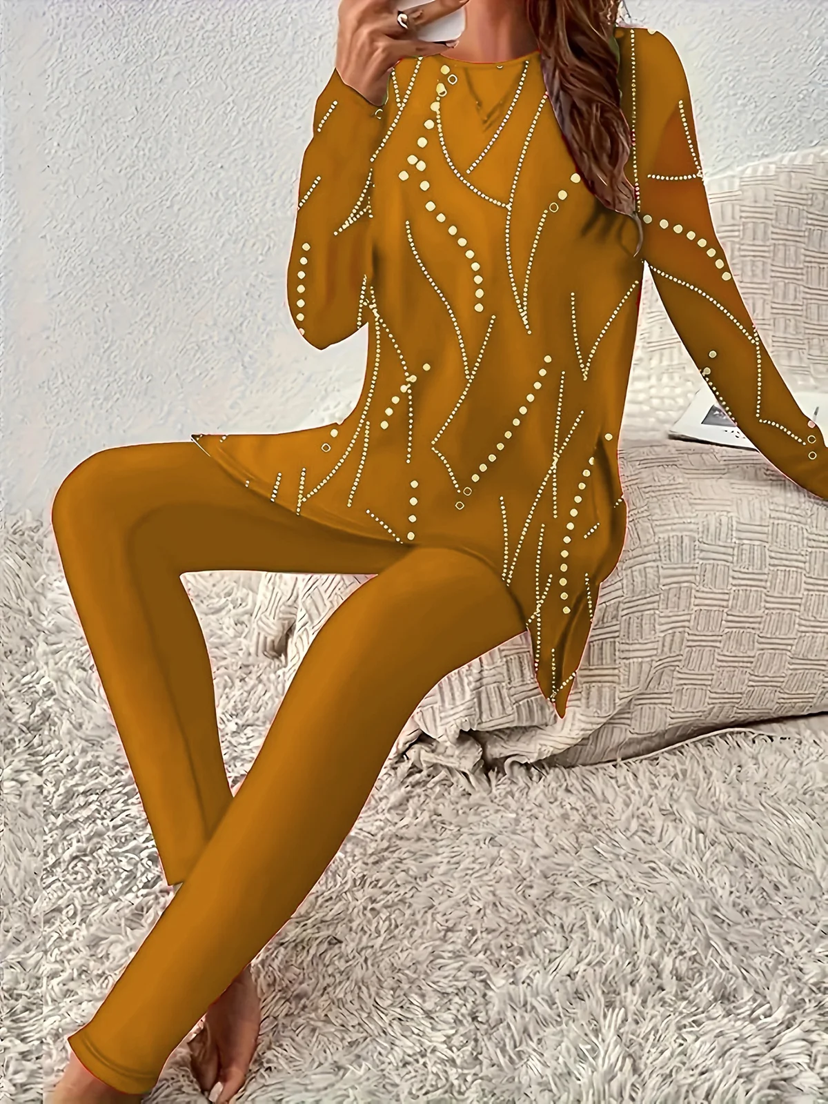 Women's Jersey Geometric Daily Going Out Two Piece Set Long Sleeve Casual Spring/Fall Top With Pants Matching Set