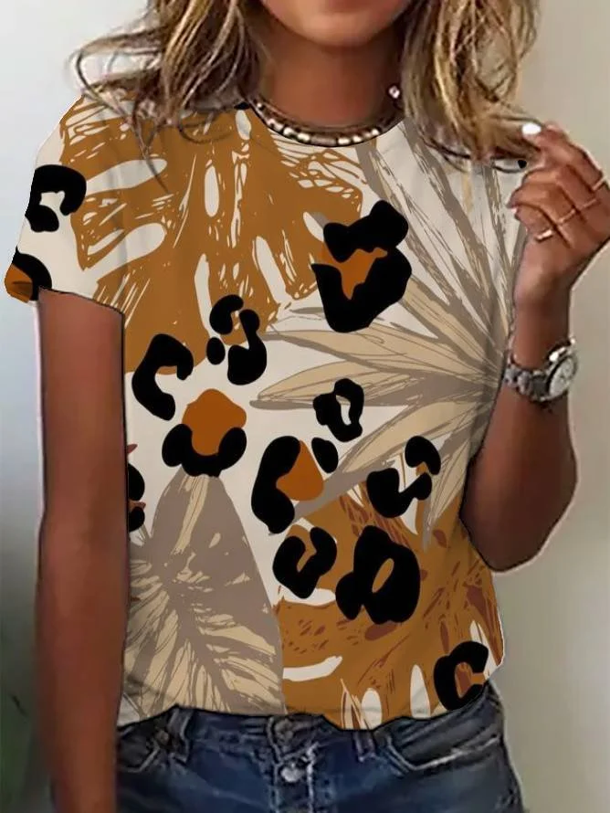 Women's Short Sleeve Leopard Tee T-shirt Summer Leaf Floral Jersey Crew Neck Daily Going Out Casual Top
