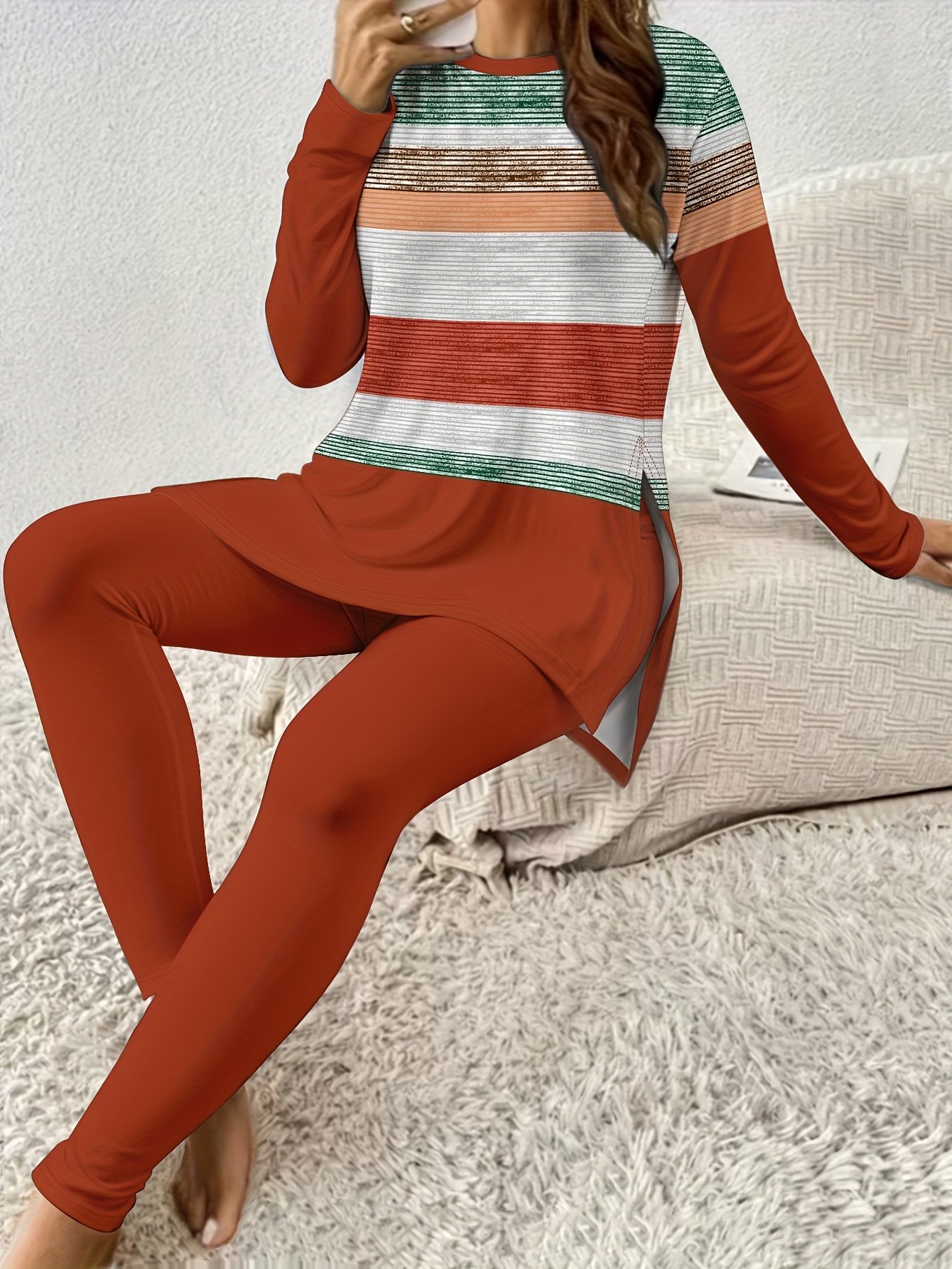 Women's Jersey Striped Daily Going Out Two Piece Set Long Sleeve Casual Spring/Fall Top With Pants Matching Set