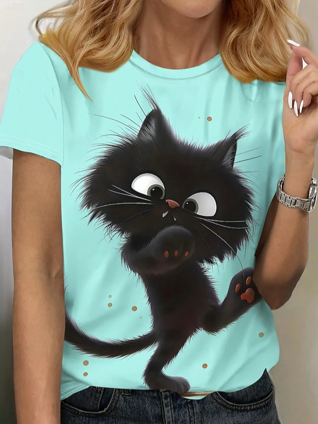 Women's Short Sleeve Tee T-shirt Summer Cat Jersey Crew Neck Daily Going Out Casual Top