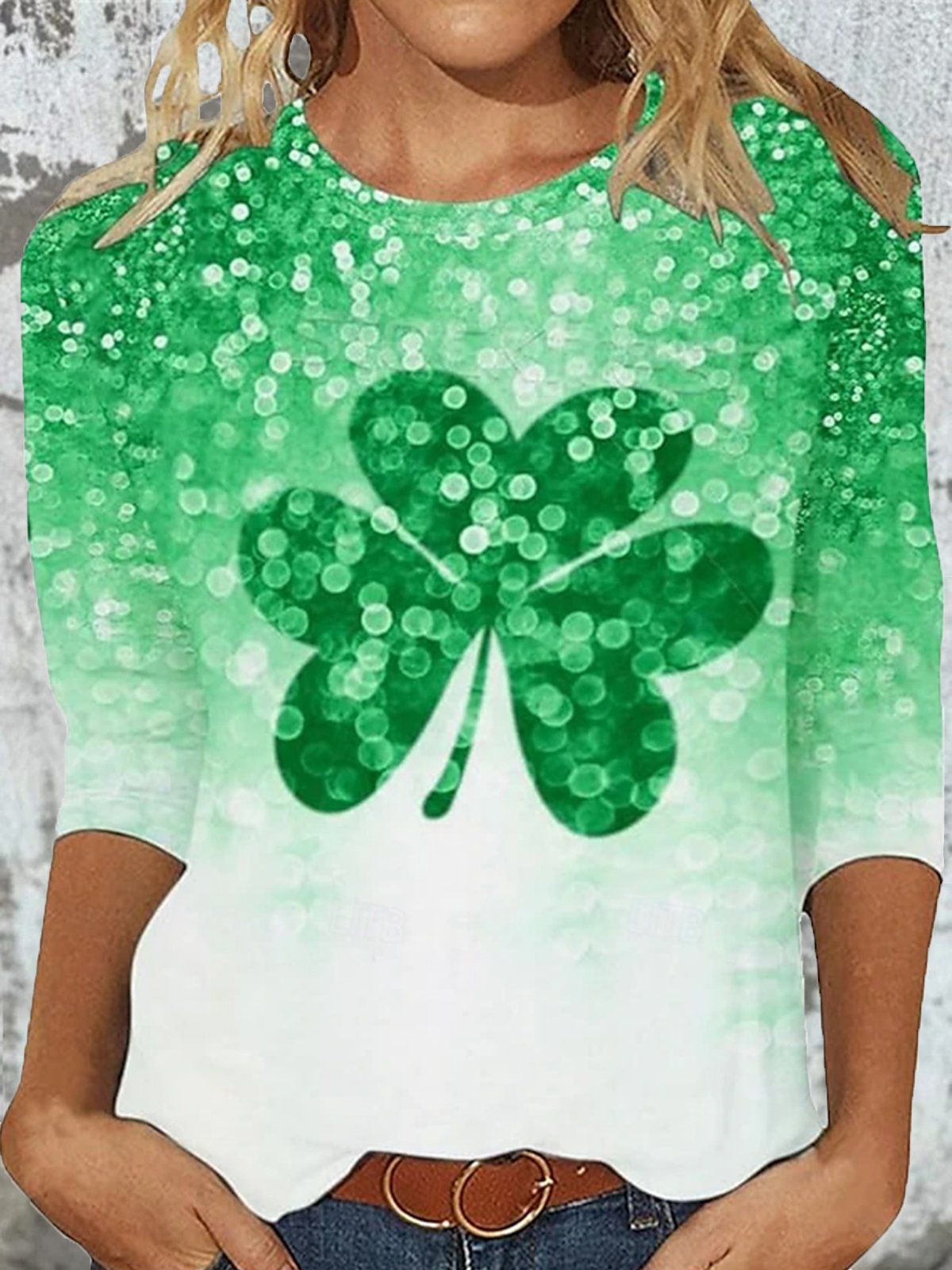 Women's St Patricks Day Shamrock Floral Print Casual Long Sleeve Crew Neck T-Shirt