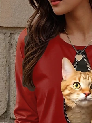 Women's Long Sleeve Tee T-shirt Spring/Fall Cat Jersey Crew Neck Daily Going Out Casual Top