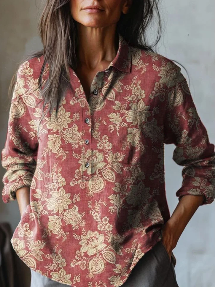 Women's Floral Long Sleeve Shirt Spring/Fall Henley Collar Daily Vintage Top