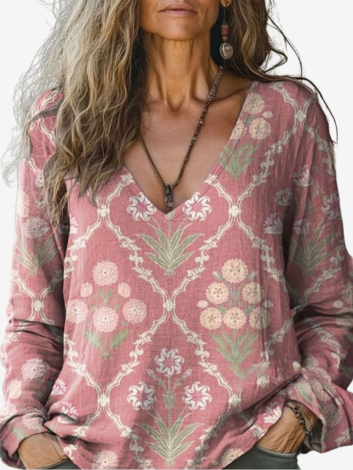 Women's Plants Floral Long Sleeve Tee T-shirt V Neck Casual Spring/Fall Top
