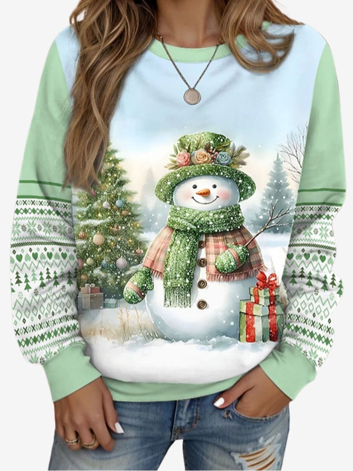 Women's Crew Neck Christmas Snowman Casual Spring/Fall Long Sleeve Sweatshirt