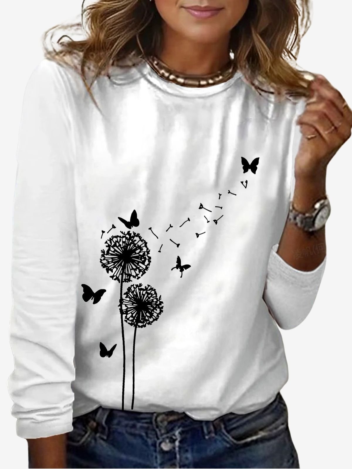 Women's Dandelion Long Sleeve Tee T-shirt Crew Neck Casual Spring/Fall Floral Top